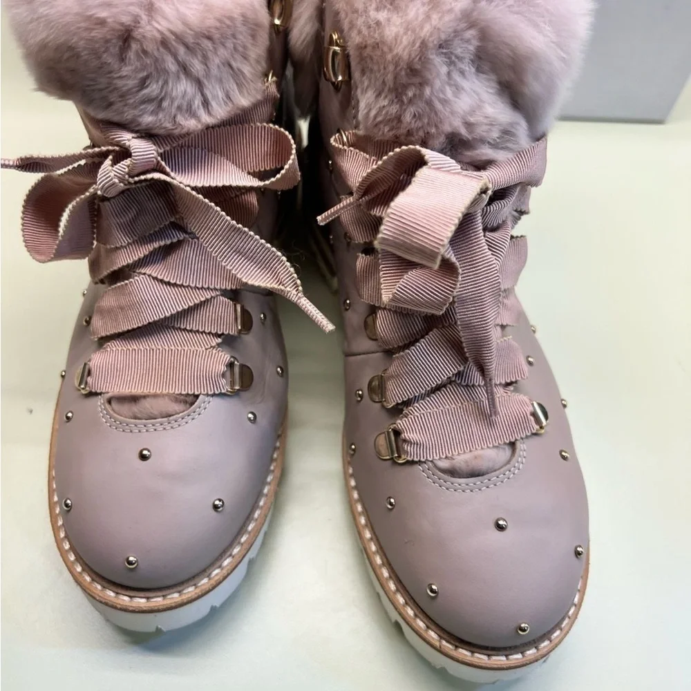 AGL MADE IN ITALY LEATHER Pink Winter Boots with Fur Trim and Ribbon Laces NWT